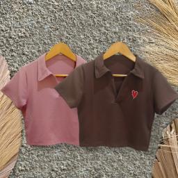 BR23864 - KAOS CROP RIB KNIT LEHER V LOVE - Pink