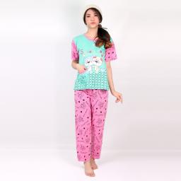 BR18258 - SETELAN BABYDOLL SWEET LOVE HIJAU COMBI PINK