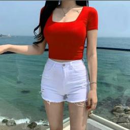 BR22237-2 - KAOS CROP POLOS MERAH LEHER U - Size XL