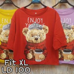 BR22414 - BEAR ENJOY LENGAN 3/4 TSHIRT TUMBLR TEE SIZE XL - Merah
