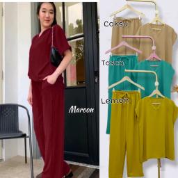 BR23625-1 - SETELAN POLOS CELANA PANJANG BAHAN CRINKLE - Maroon