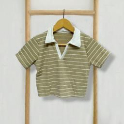 BR23813 - KAOS CROP RIB KNIT LEHER V SALUR HIJAU SAGE