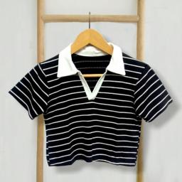 BR23814 - KAOS CROP RIB KNIT LEHER V SALUR HITAM