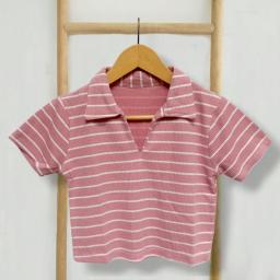 BR23816 - KAOS CROP RIB KNIT LEHER V SALUR PINK