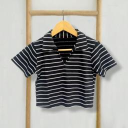 BR23817 - KAOS CROP RIB KNIT LEHER V SALUR HITAM