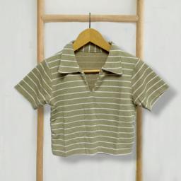 BR23818 - KAOS CROP RIB KNIT LEHER V SALUR HIJAU SAGE