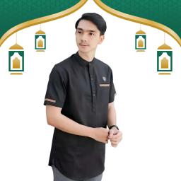 BR23972 - BAJU KOKO KURTA LENGAN PENDEK POLOS WARNA HITAM - Size L