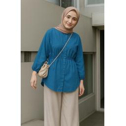 BR24005 - KEMEJA LINEN SERUT DEPAN WANITA TURKIS